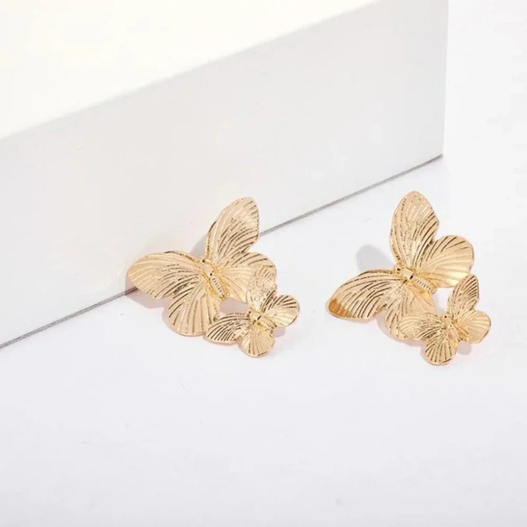 Gold Double Butterfly Wings Stud Earrings - Picture 4 of 4